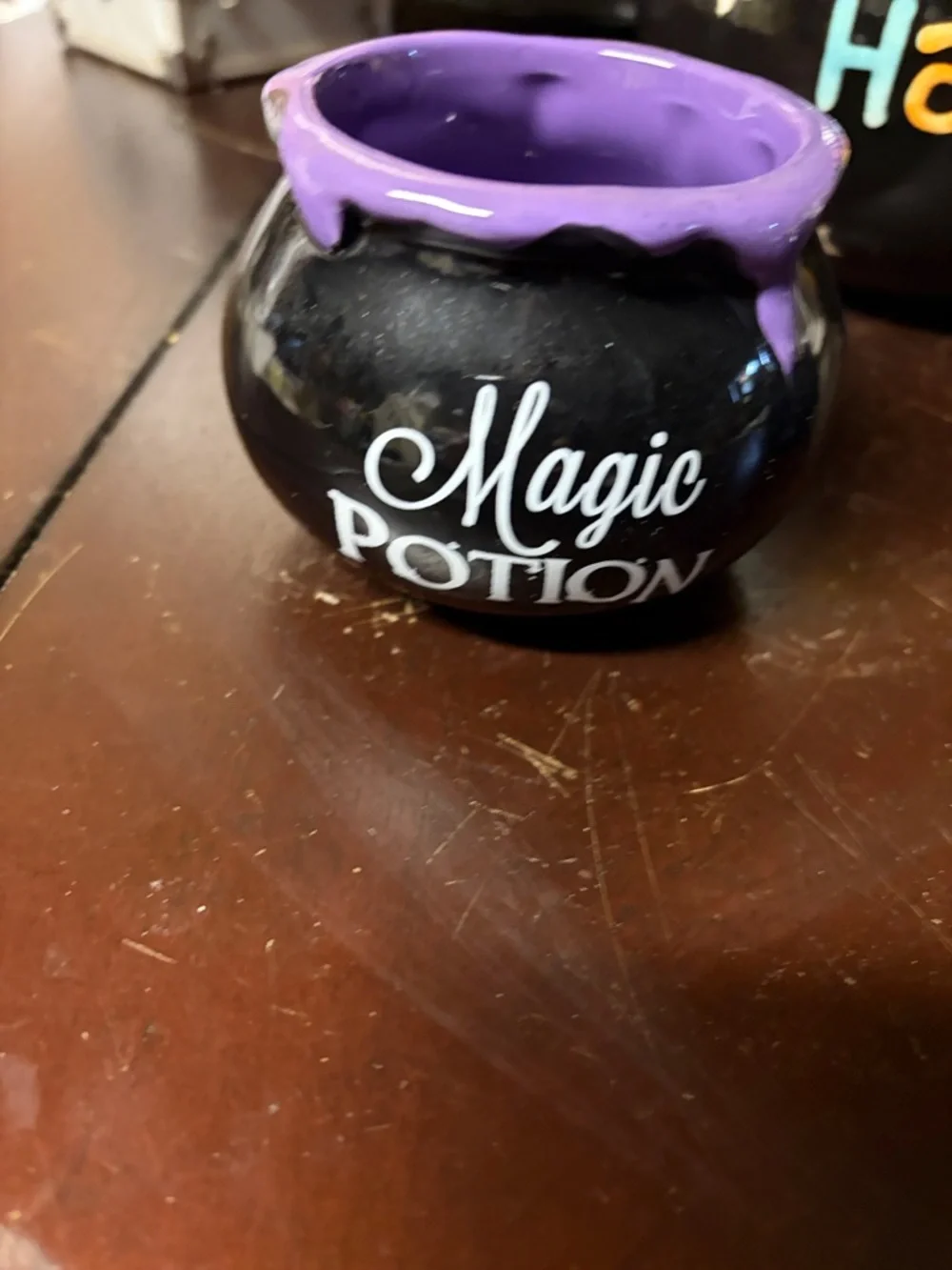 Happy Halloween Ceramic Cauldron Candle Holder - Black with Multicolor Lettering